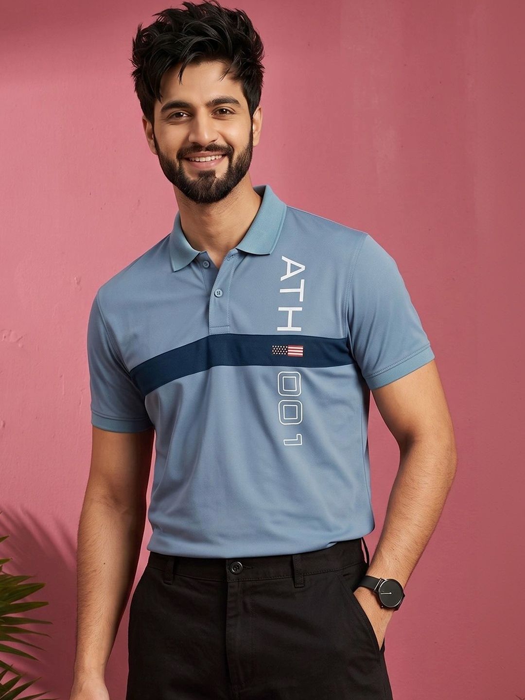 OGEN Men Typography Colourblocked Polo Collar T-shirt