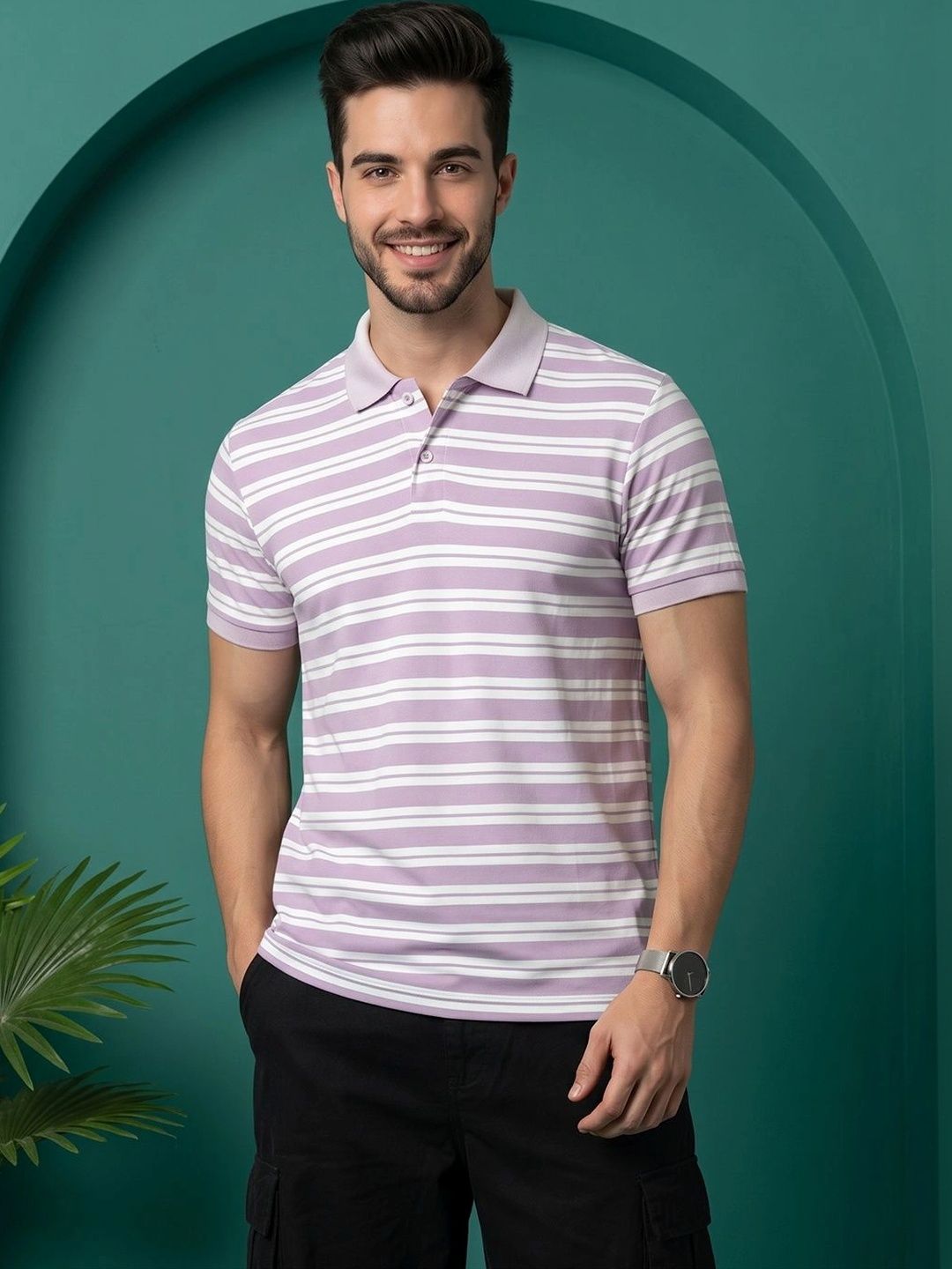OAKWYN Men Striped Polo Collar T-shirt