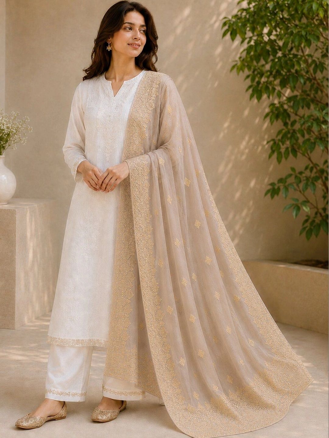 Ground Fashion Ethnic Motifs Embroidered Dupatta with Thread Work