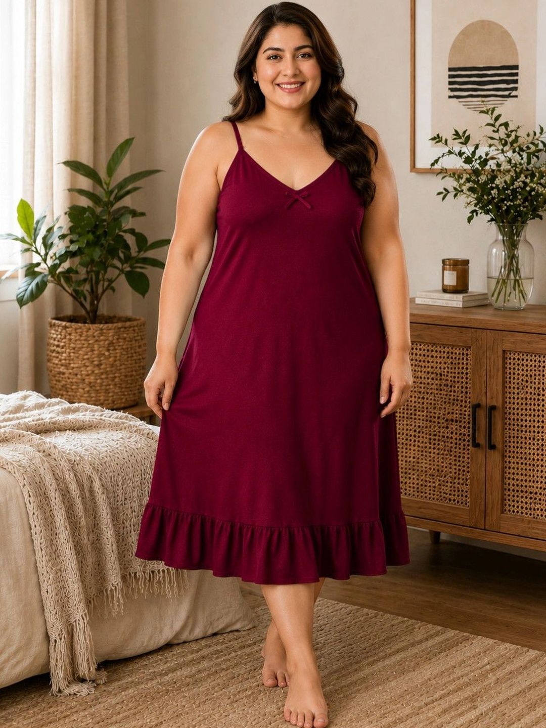 CLOCHOICE CLOCHOICE Women Plus Size Maroon Sleeveless Midi Nightdress