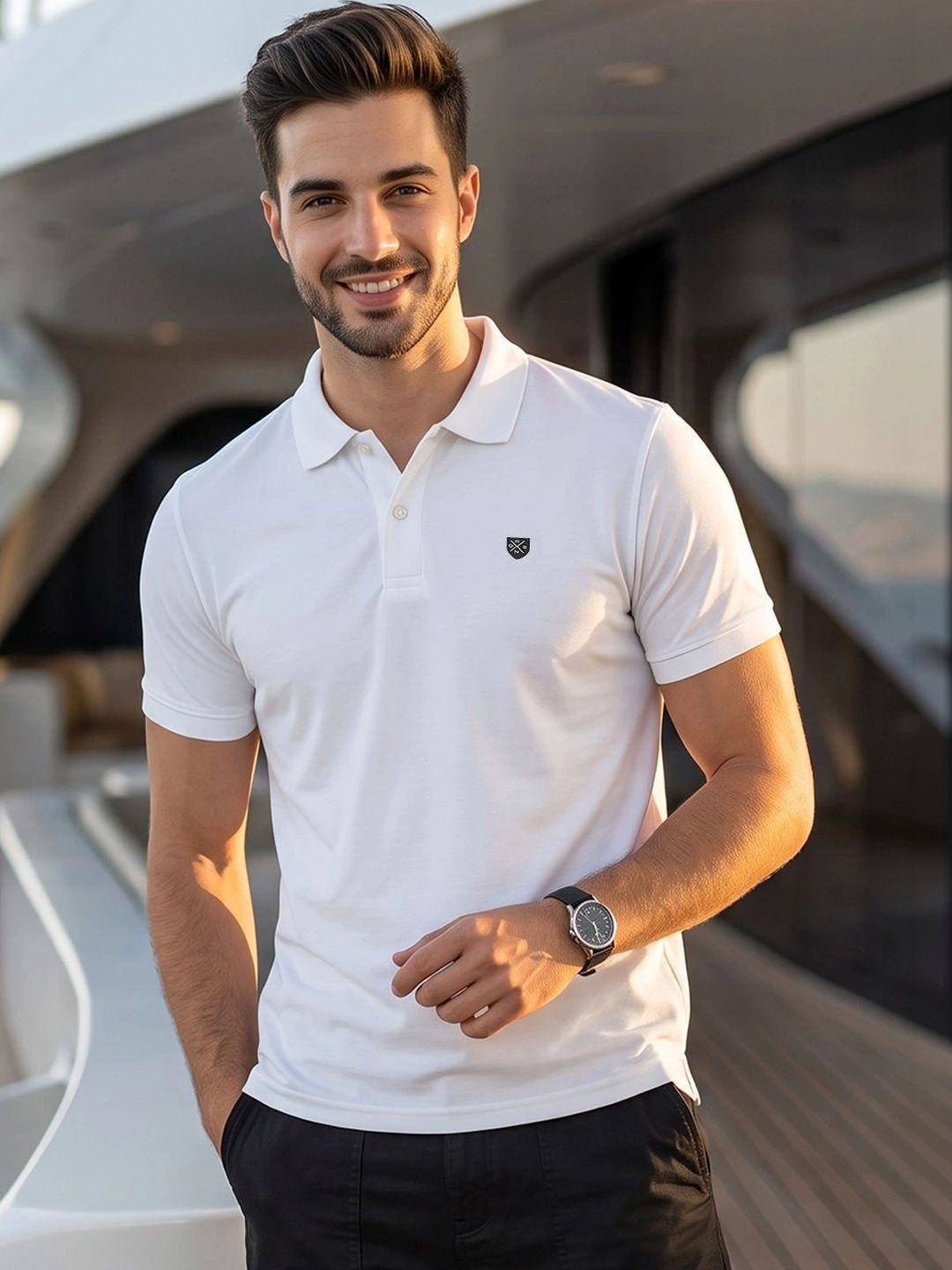 OAKWYN White Polo Collar T-shirt with Brand Logo