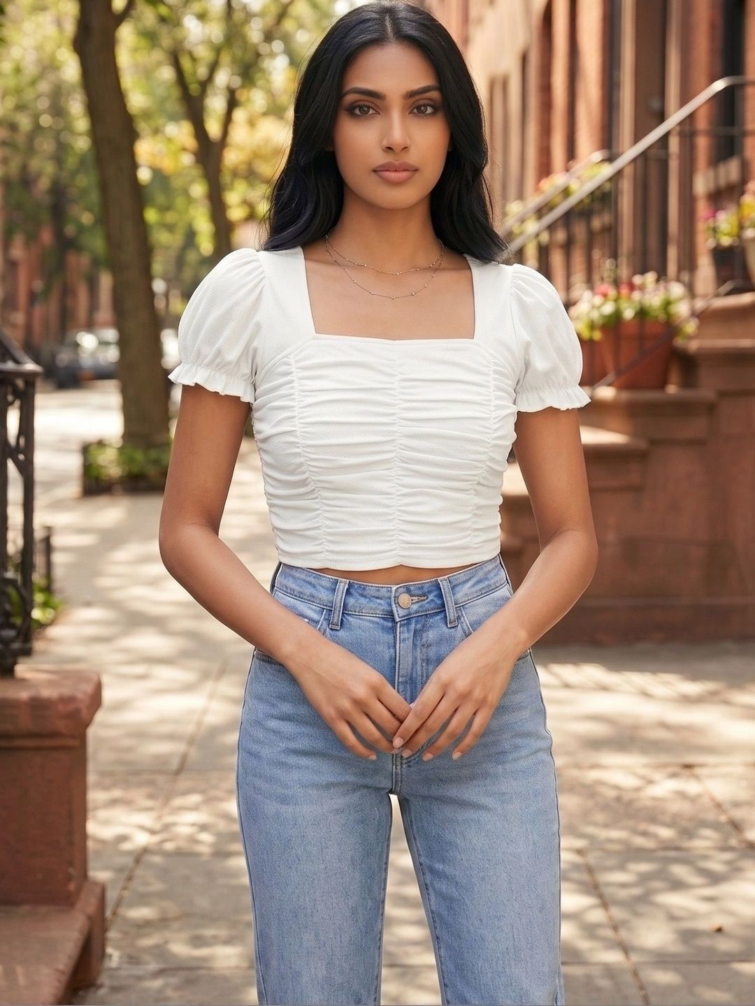 FAVRIZ FAVRIZ Women Ruched Front Puff Sleeve Crop Top