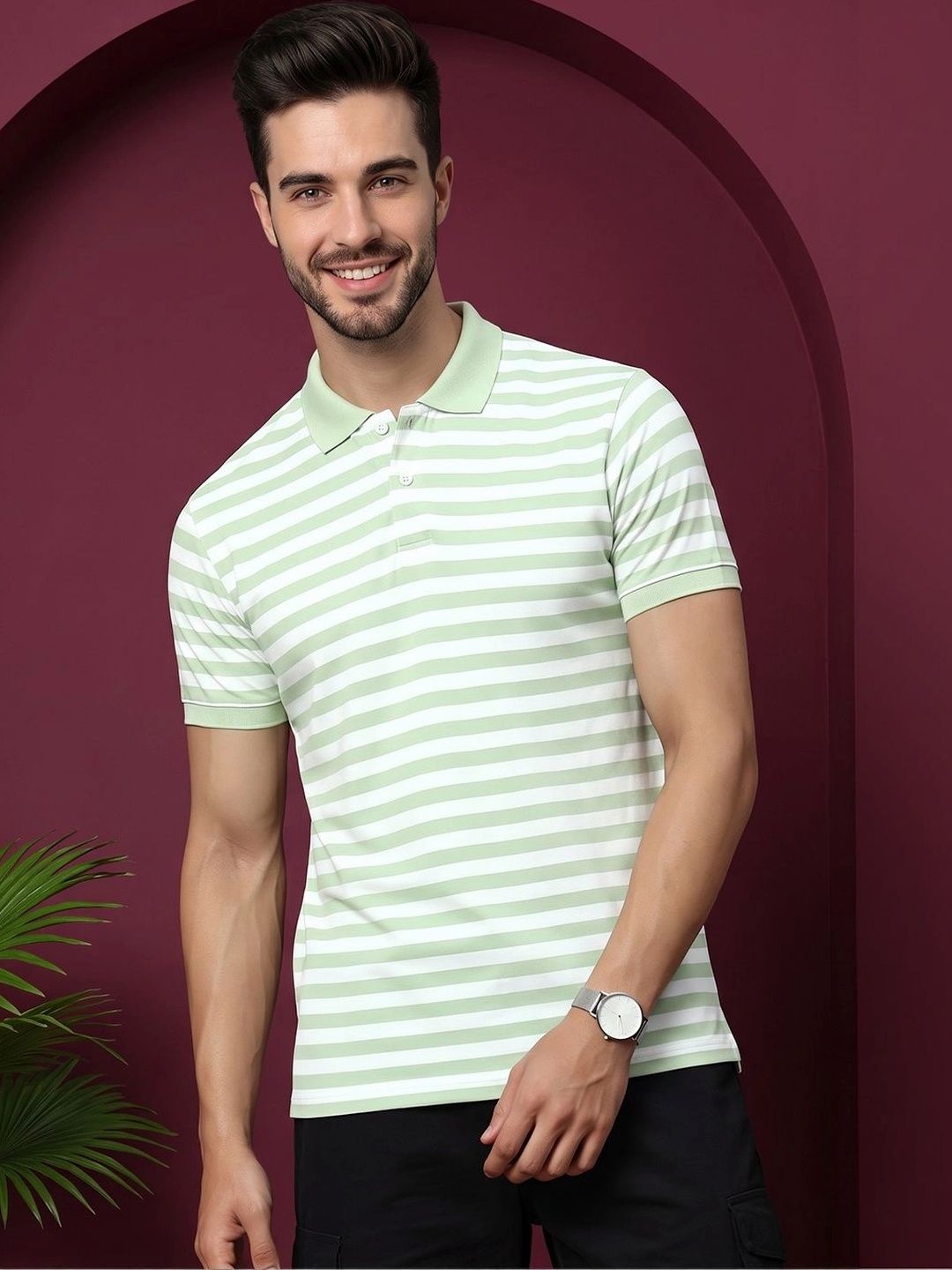 OAKWYN Men Striped Polo Collar T-shirt