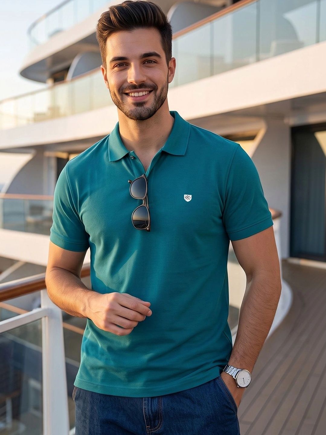 OAKWYN Teal Polo Collar T-shirt with Brand Logo