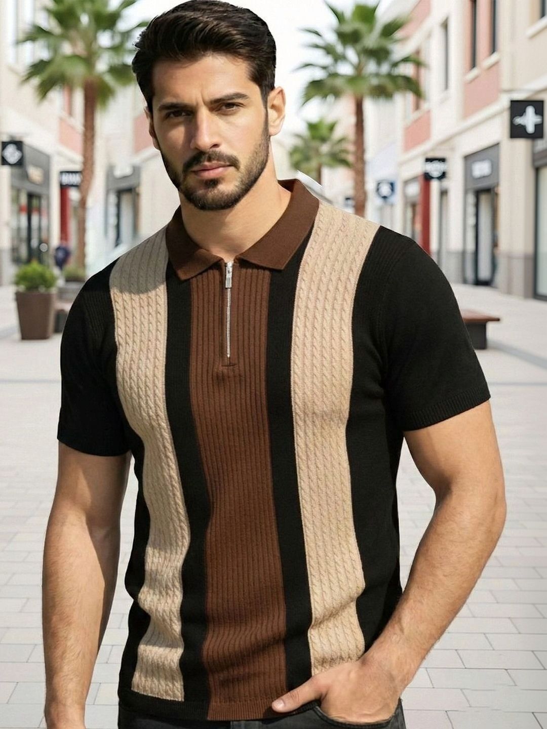 HERE&NOW Men Colourblocked Polo Collar T-shirt