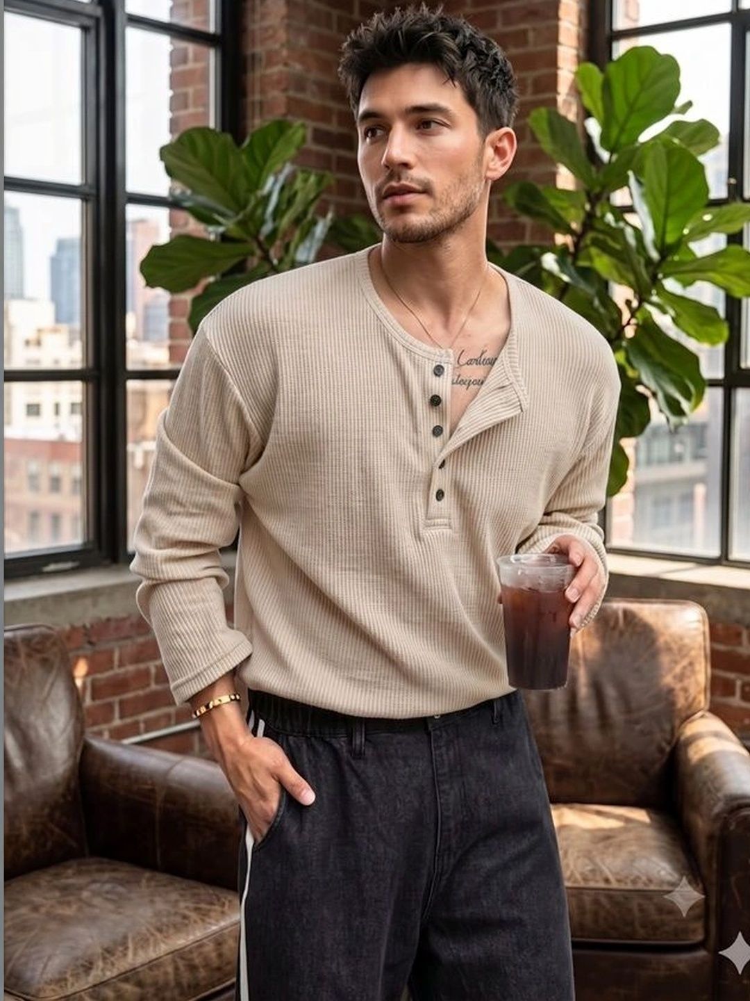 Narsingha Dreams Men Henley Neck T-shirt