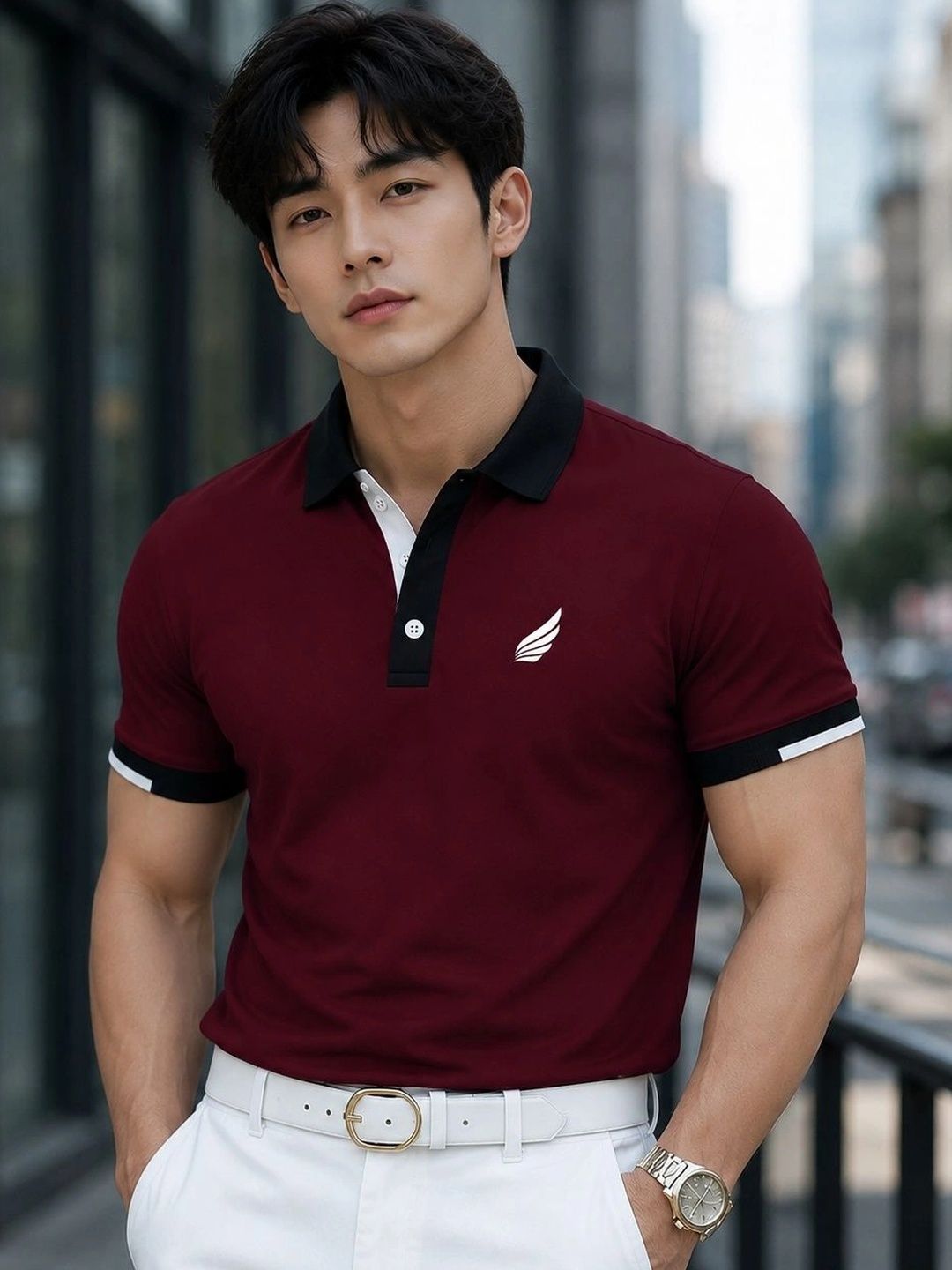 HERE&NOW Men Brand Logo Polo Collar T-shirt