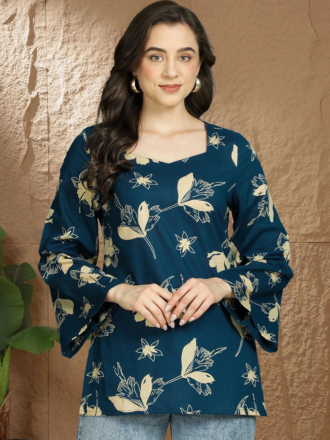 KALINI Floral Print Bell Sleeve Cotton Top