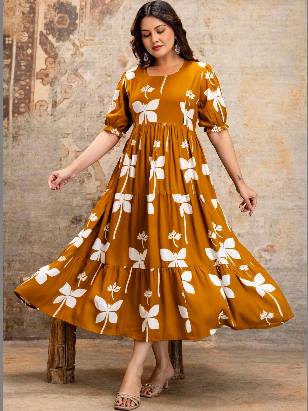 DEVEK Floral Print Puff Sleeve A-Line Midi Dress