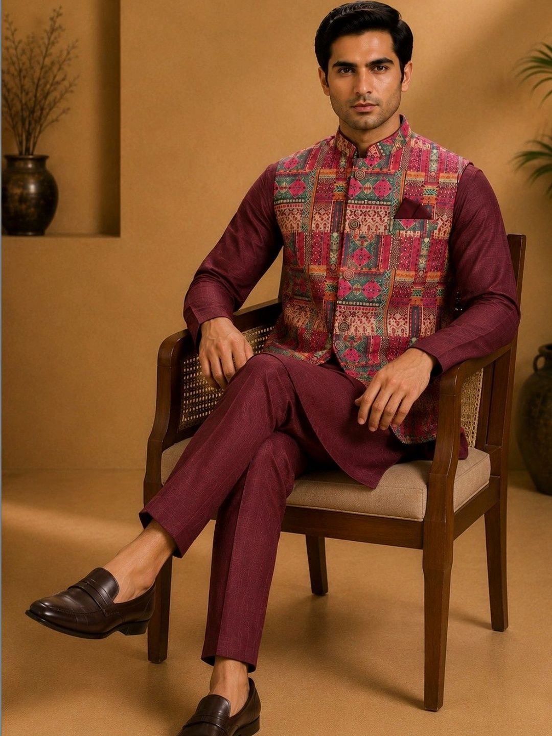 TRENDS OF ETHNIC TRENDS OF ETHNIC Printed Mandarin Collared Nehru Jacket