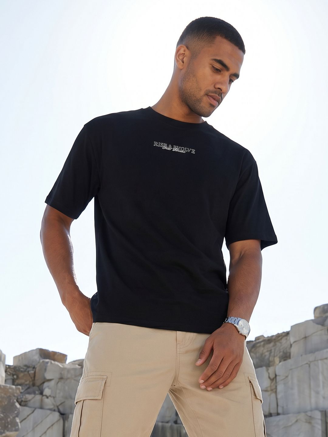 The Roadster Life Co. Printed Drop-Shoulder Sleeves Pure Cotton Relaxed Fit T-shirt