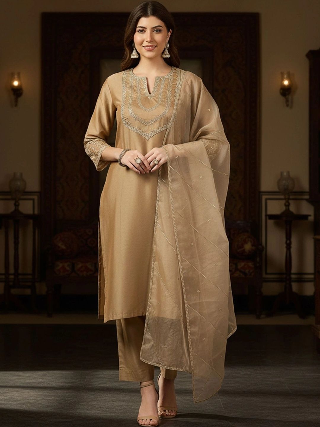 SHREESHA ENTERPRISE Women Ethnic Motifs Embroidered Regular Kurta with Trousers & With Dupatta