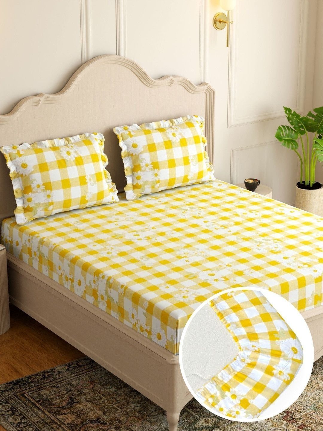 Pure Decor Pure Decor White Cotton Feel King Elastic Fitted Double Bedsheet With 2 Frill Pillow Cover