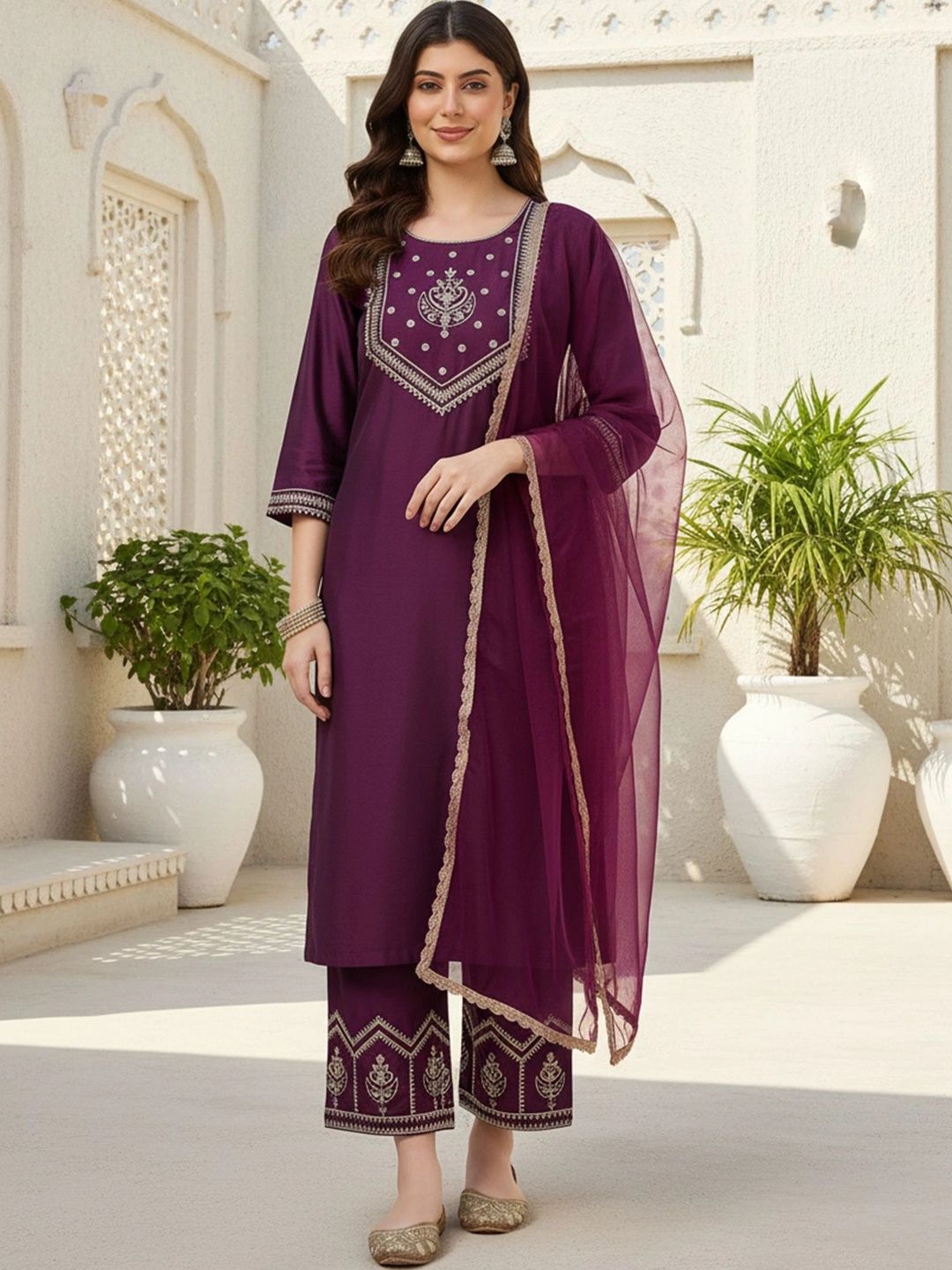 SHREESHA ENTERPRISE Women Ethnic Motifs Embroidered Regular Thread Work Kurta with Palazzos & With Dupatta