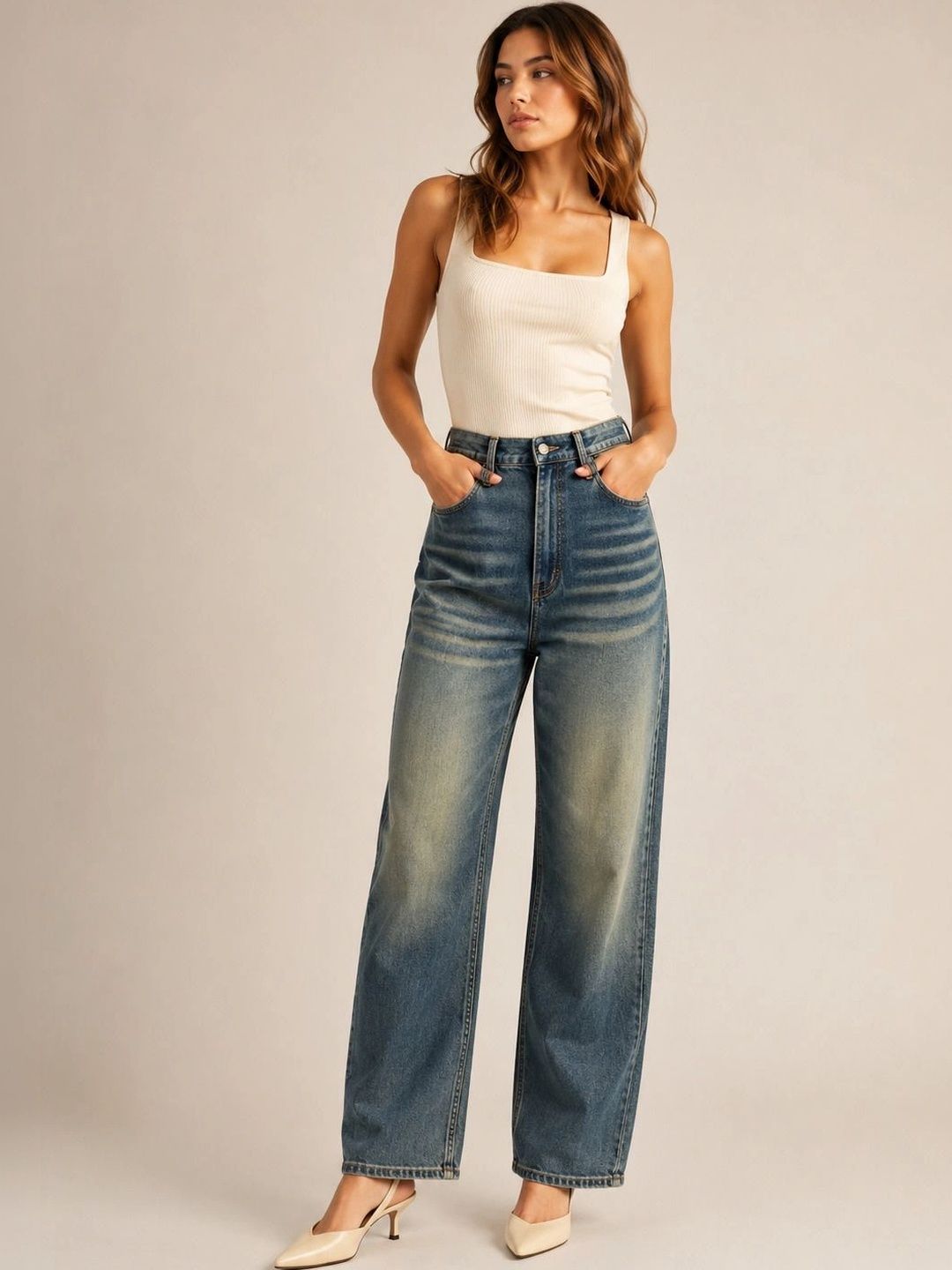 Kotty Women Wide Leg High-Rise Low Distress Stretchable Jeans