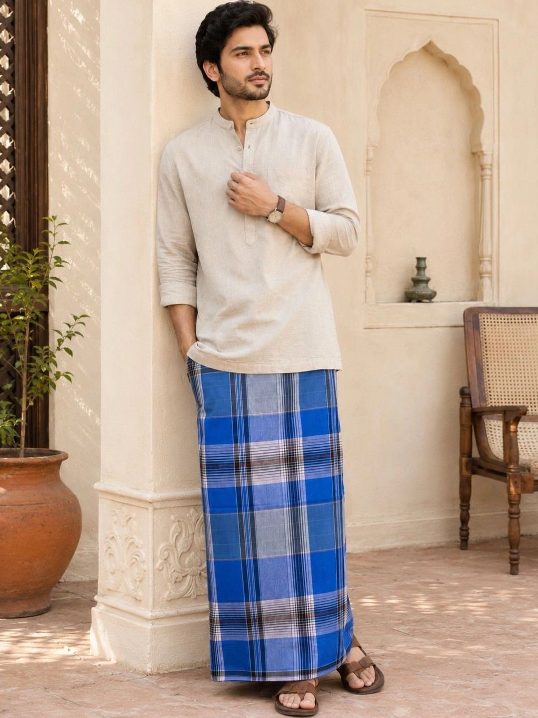 AKESHAVAM Men Checked Cotton Dhoti Dhotis