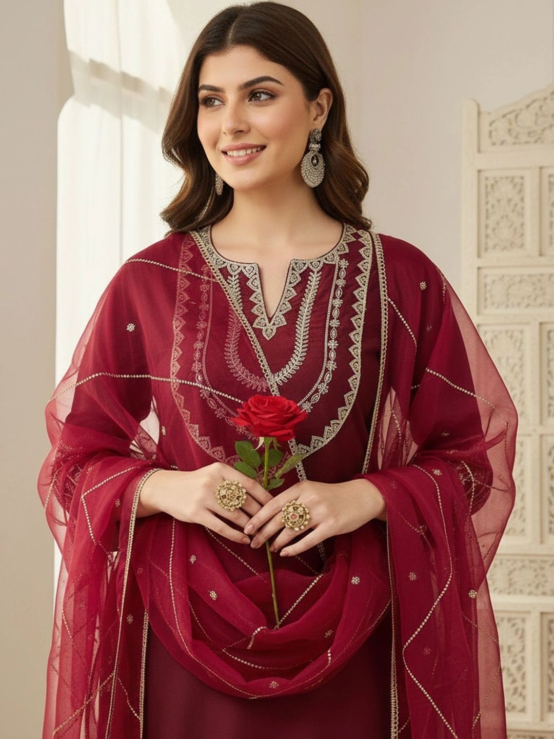 SHREESHA ENTERPRISE Women Ethnic Motifs Embroidered Regular Thread Work Kurta with Trousers & With Dupatta