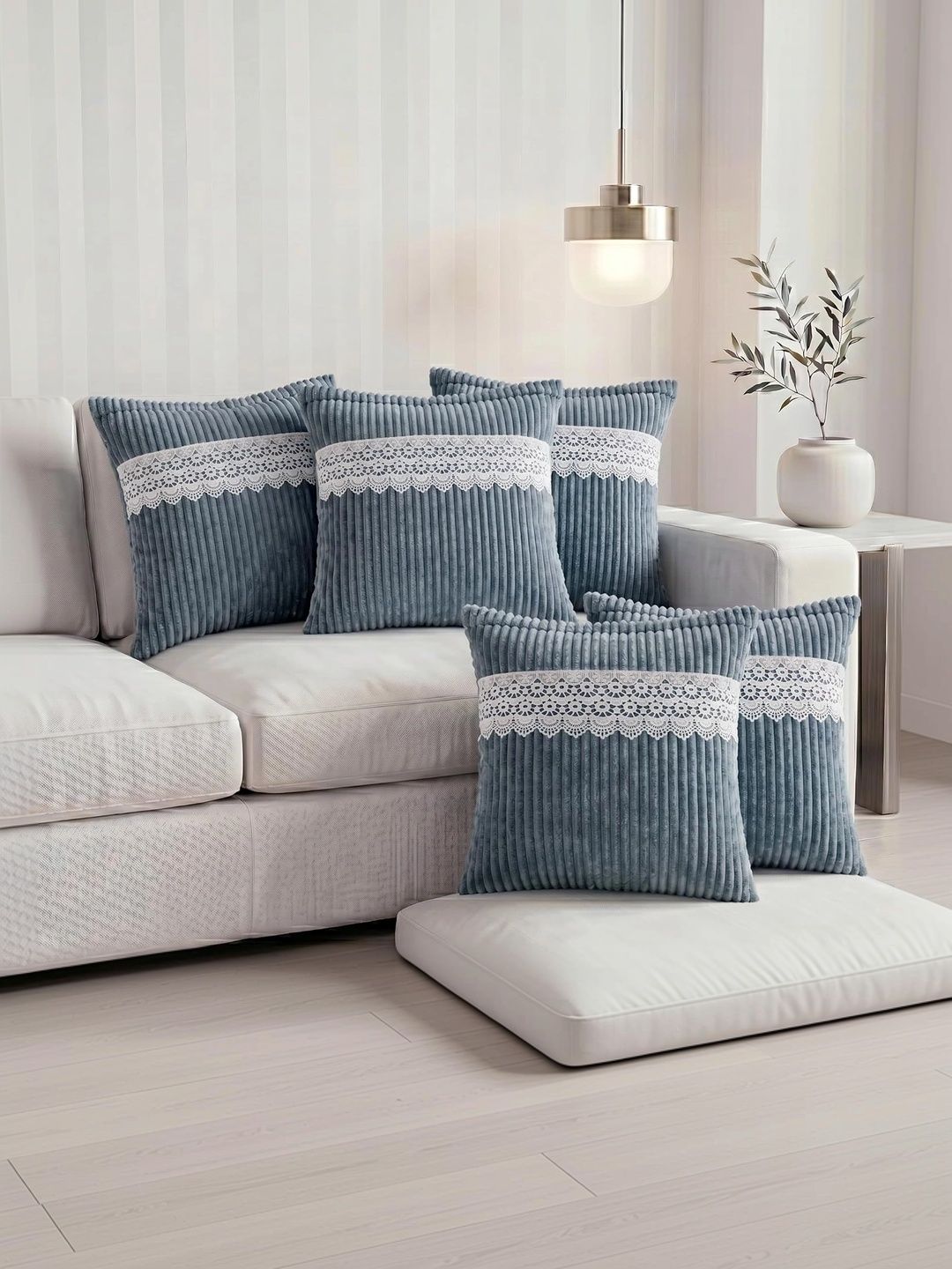 RD TREND RD TREND Set of 5 Grey Corduroy  Striped Square Cushion Covers With Decorative Lace