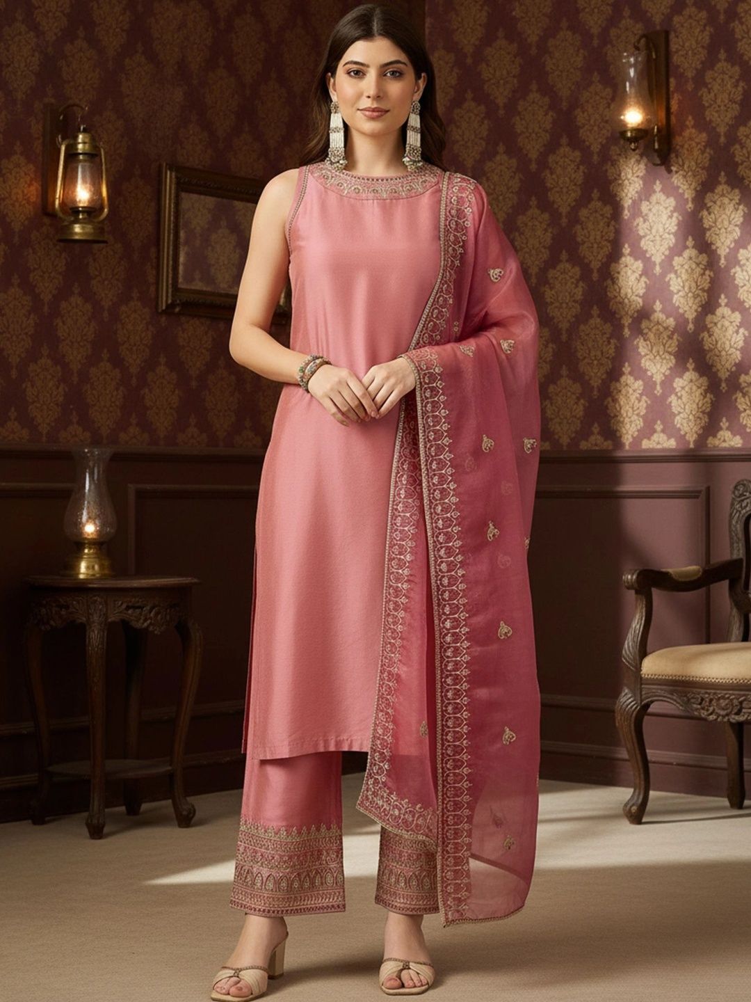 SHREESHA ENTERPRISE Women Ethnic Motifs Embroidered Regular Thread Work Kurta with Trousers & With Dupatta