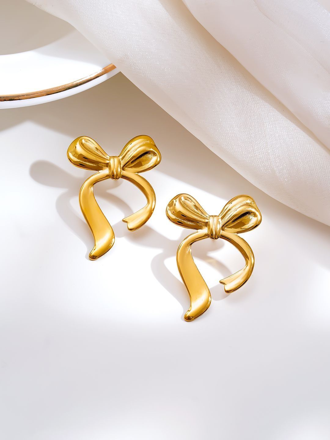 Gold Ribbon Bow Stud Earrings Rubans Thick 18K Gold Plated Stainless Steel Sleek Ribbon Knot Stud Earrings
