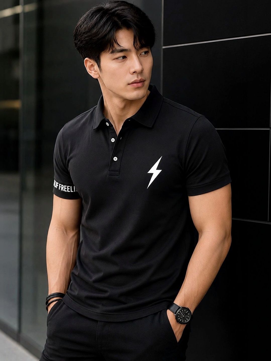HERE&NOW Men Printed Polo Collar T-shirt