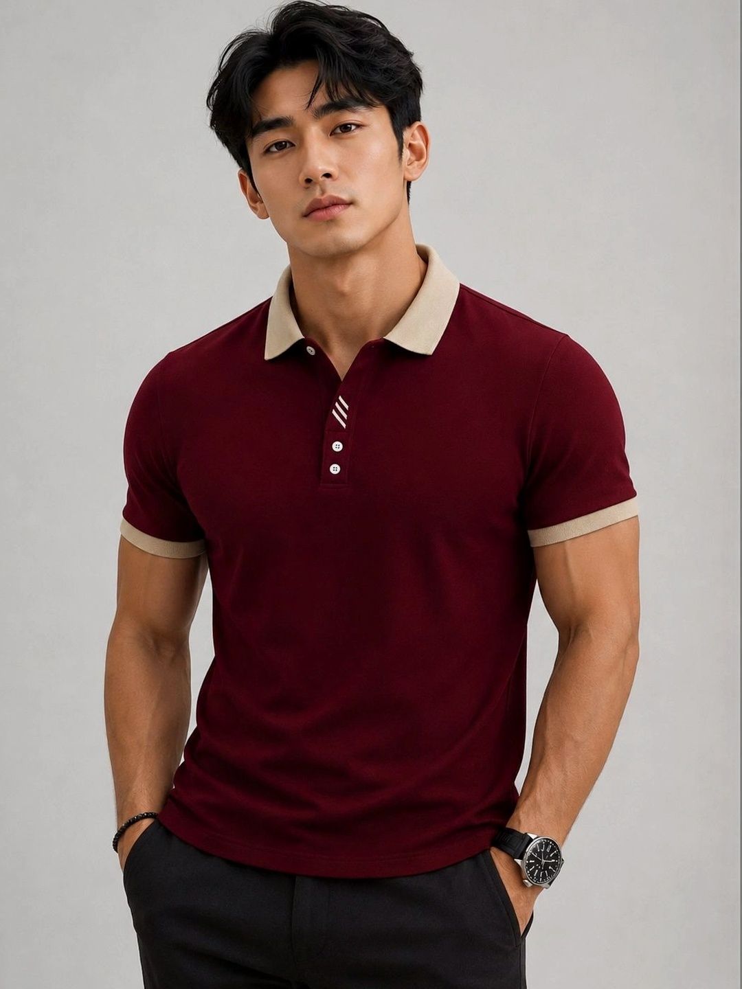 HERE&NOW Men Colourblocked Polo Collar T-shirt