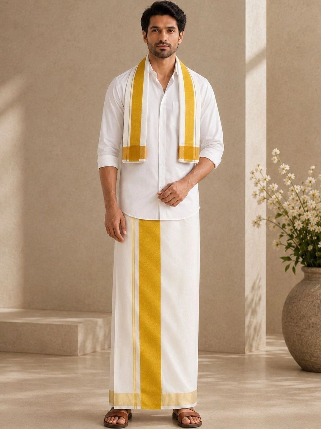 AKESHAVAM Men Striped Cotton Dhoti Dhotis