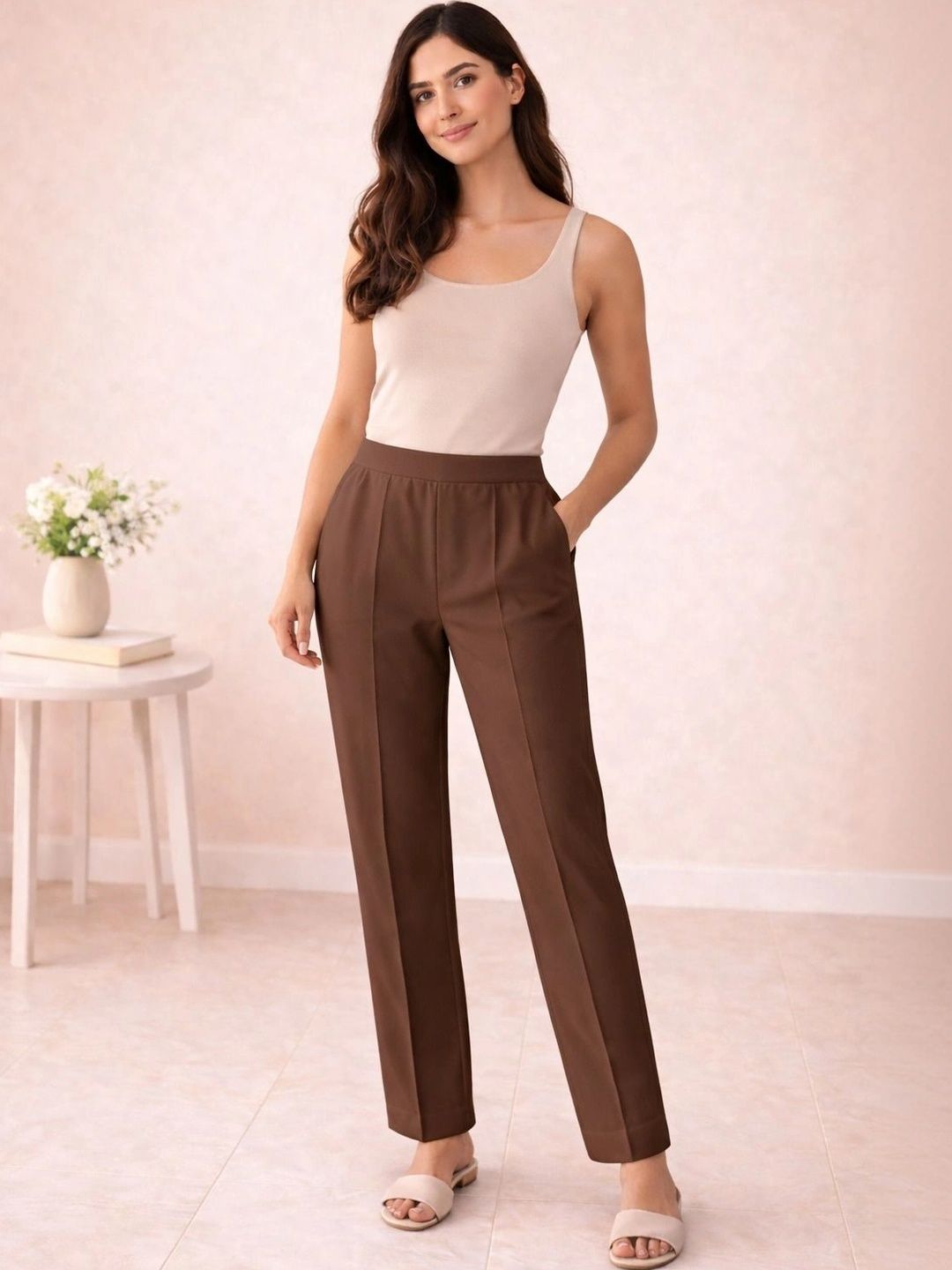 PARNAVI Women Relaxed Straight Leg Easy Wash Trousers