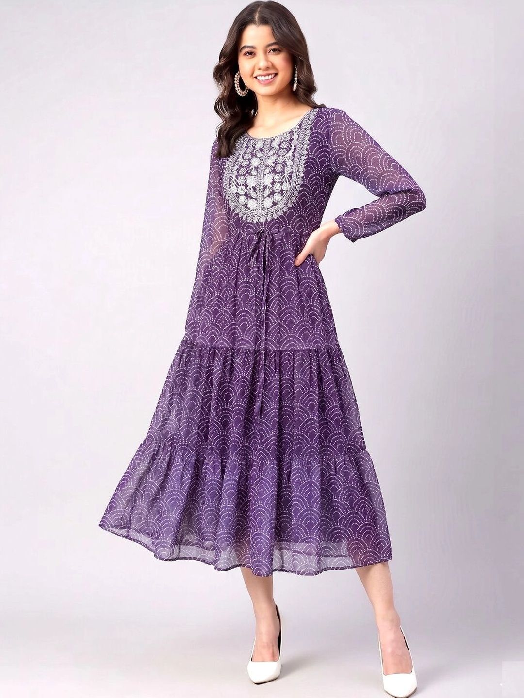XRELAX Bohemian Print A-Line Midi Dress