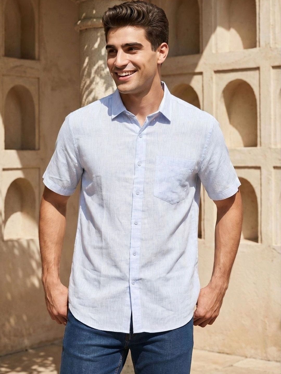 Pure Linen Casual Shirt Linen Club Men Regular Fit Pure Linen Chambray Casual Shirt