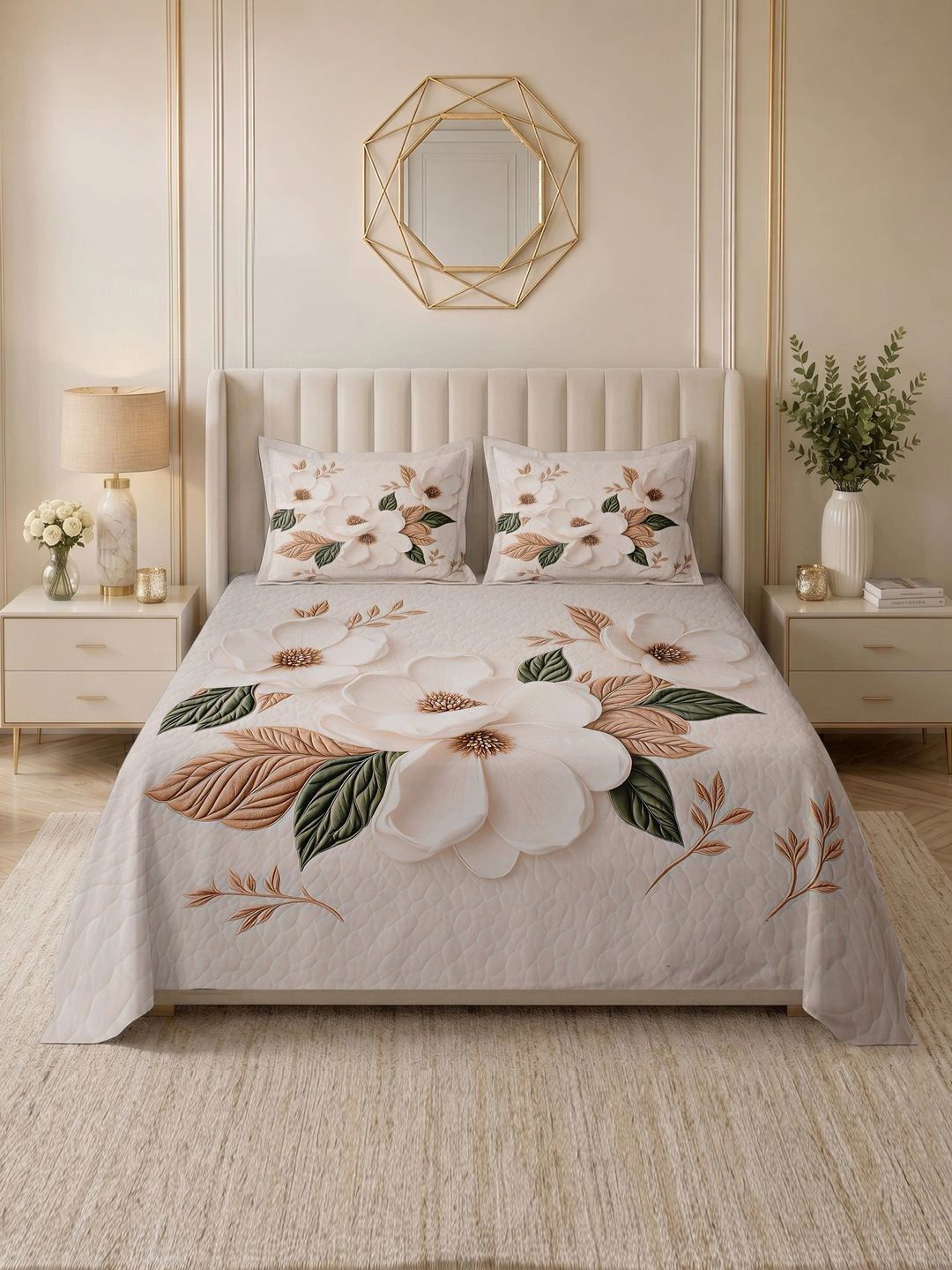 TINDLER KNOTS TINDLER KNOTS Cream Printed Cotton 250 TC Double Bedsheet With 2 Pillow Covers 90"x100"