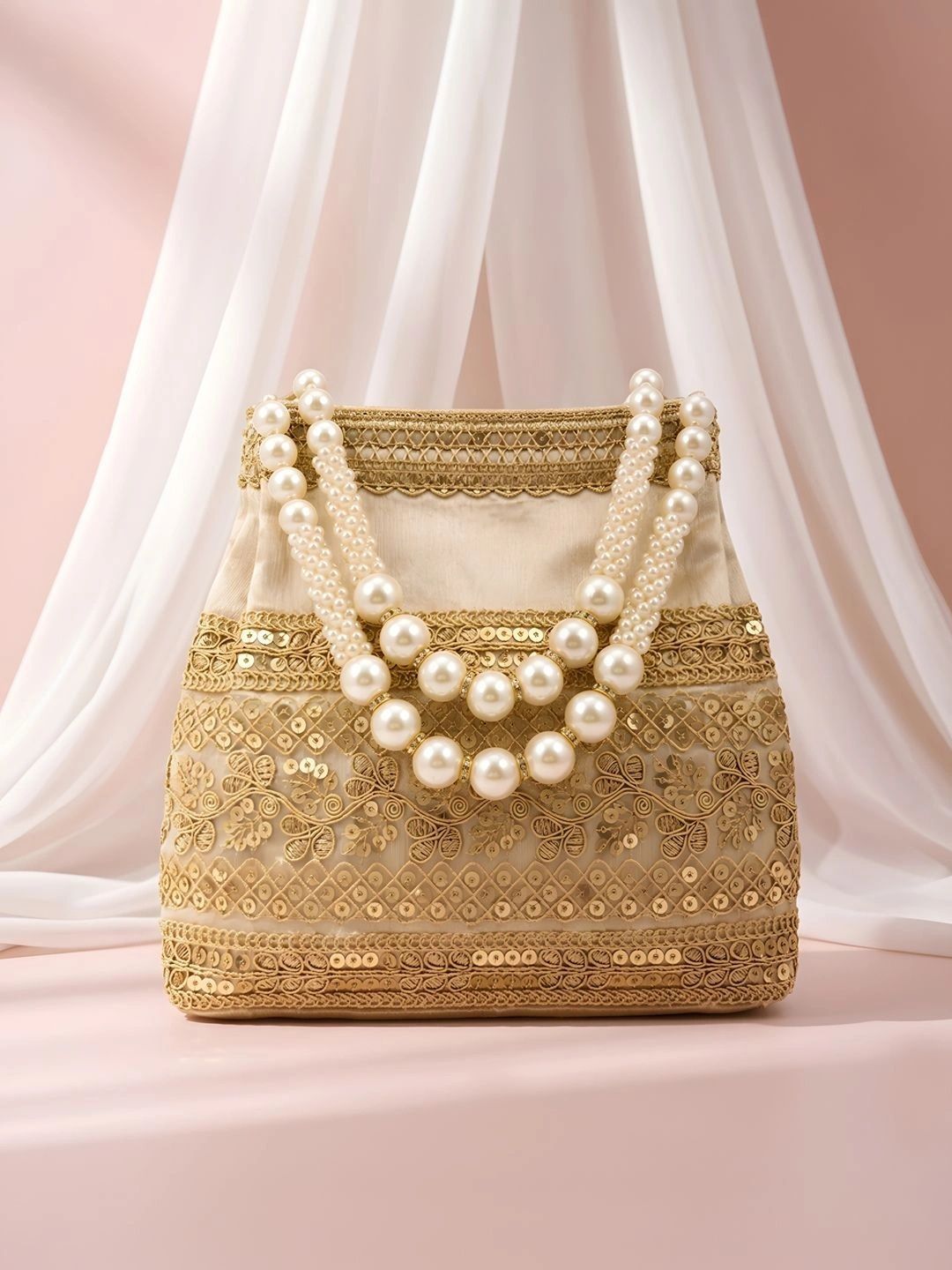 Adiva Beige Fabric Sequin Embroidered Pearl Beaded Ethnic Handheld Bag