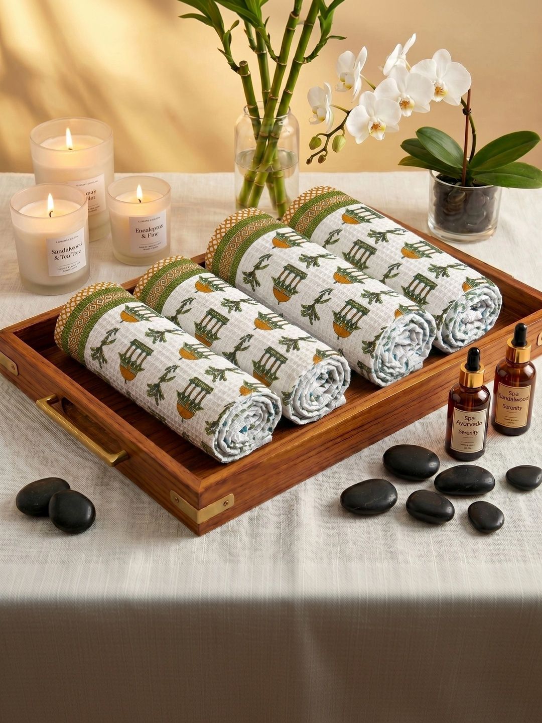 MAFATLAL MAFATLAL 4Pcs White & Green Ethnic Printed Pure Cotton 250-GSM Skin Friendly Hand Towels