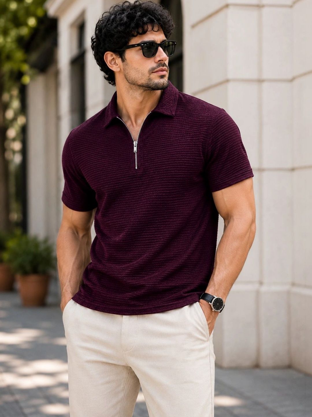 Colorchakra Self Design waffle Knit Polo Collar T-shirt