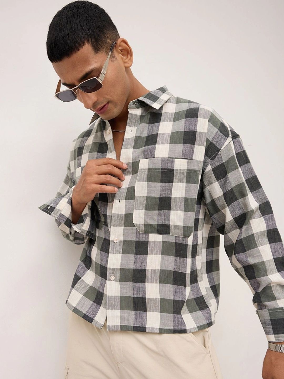 VASTRADO Distinguished Olive Block Checks Twin Pocket Boxy Fit Crop Shirt