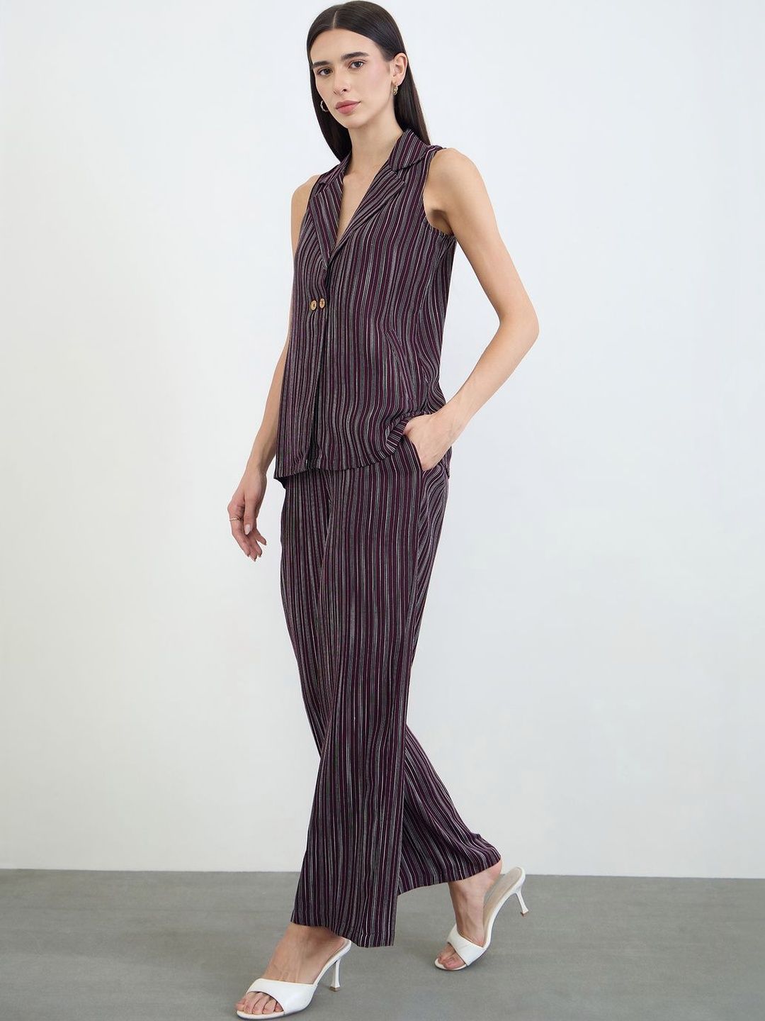 Styli Women Burgundy Striped Lapel Collar Sleeveless Top & Trousers Co-Ord Set