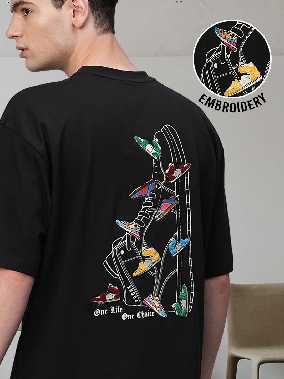 PRONK Men Embroidered Round Neck Cotton Oversized T-shirt
