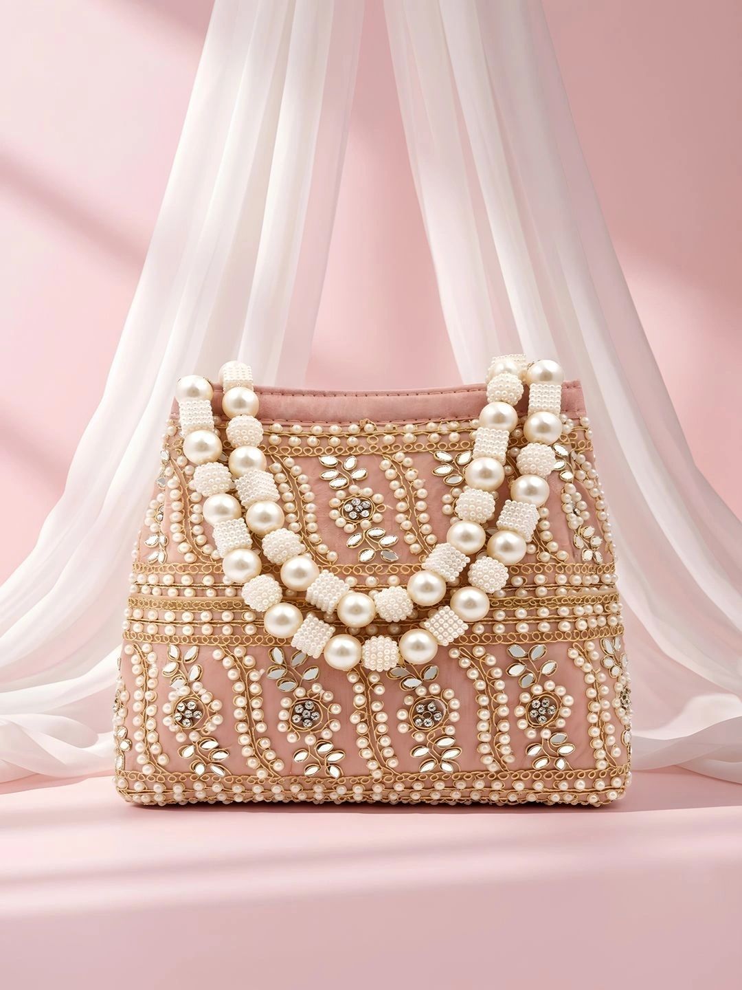 Adiva Pink Fabric Mirror Work Pearl Beaded Ethnic Handheld Bag