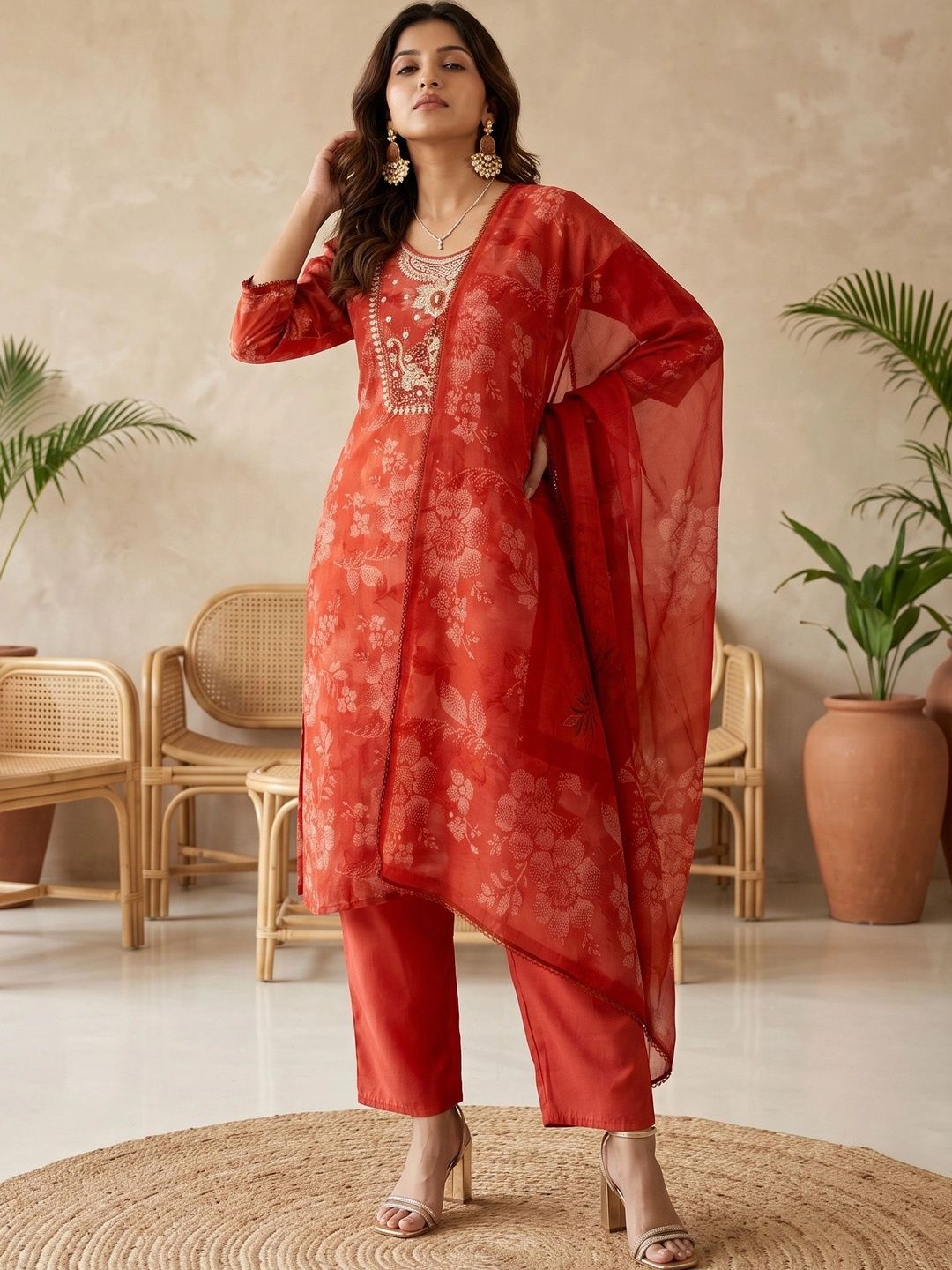 RiRi Women Floral Printed Regular Thread Work Chanderi Silk Kurta with Trousers & With Dupatta