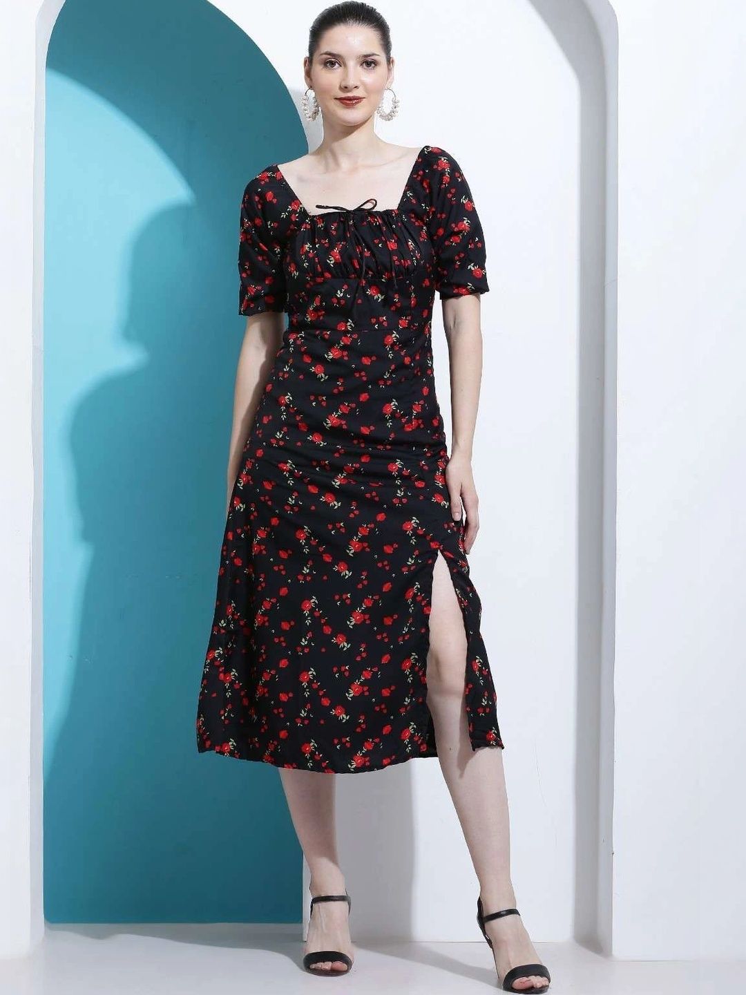 ZESHE MESHE Floral Print Puff Sleeve A-Line Midi Dress