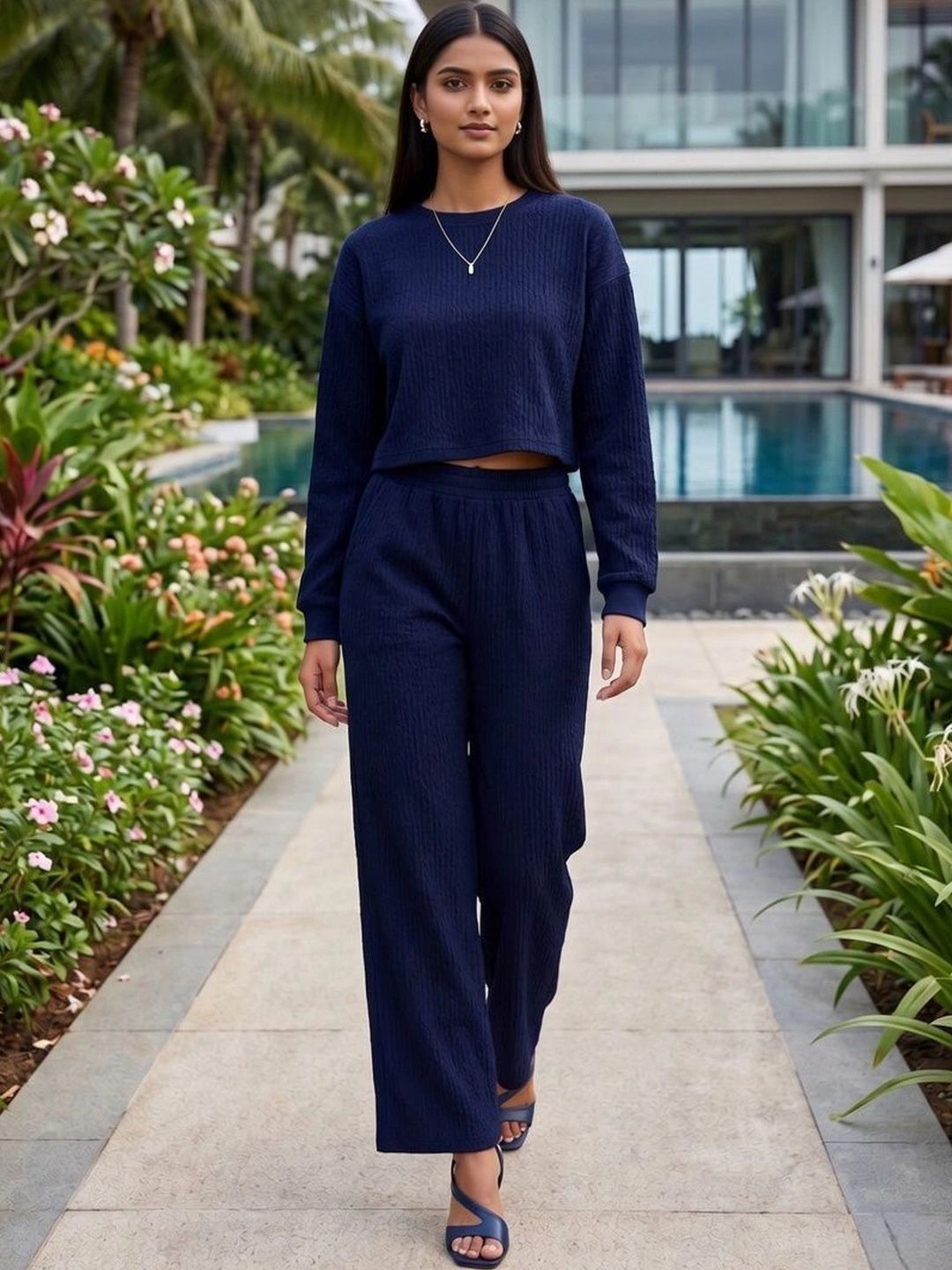 Merira Knitted Self Design Sweater with Palazzos