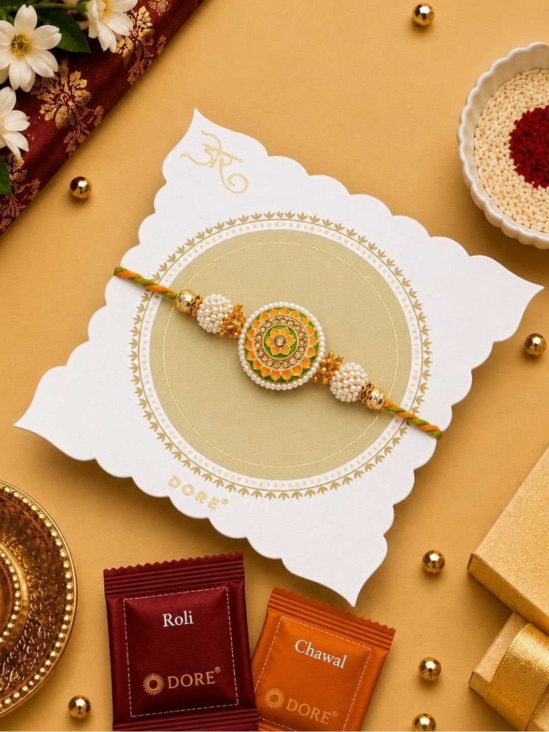 Dore Floral Pearl Designer Rakhi with Premium Roli Chawal