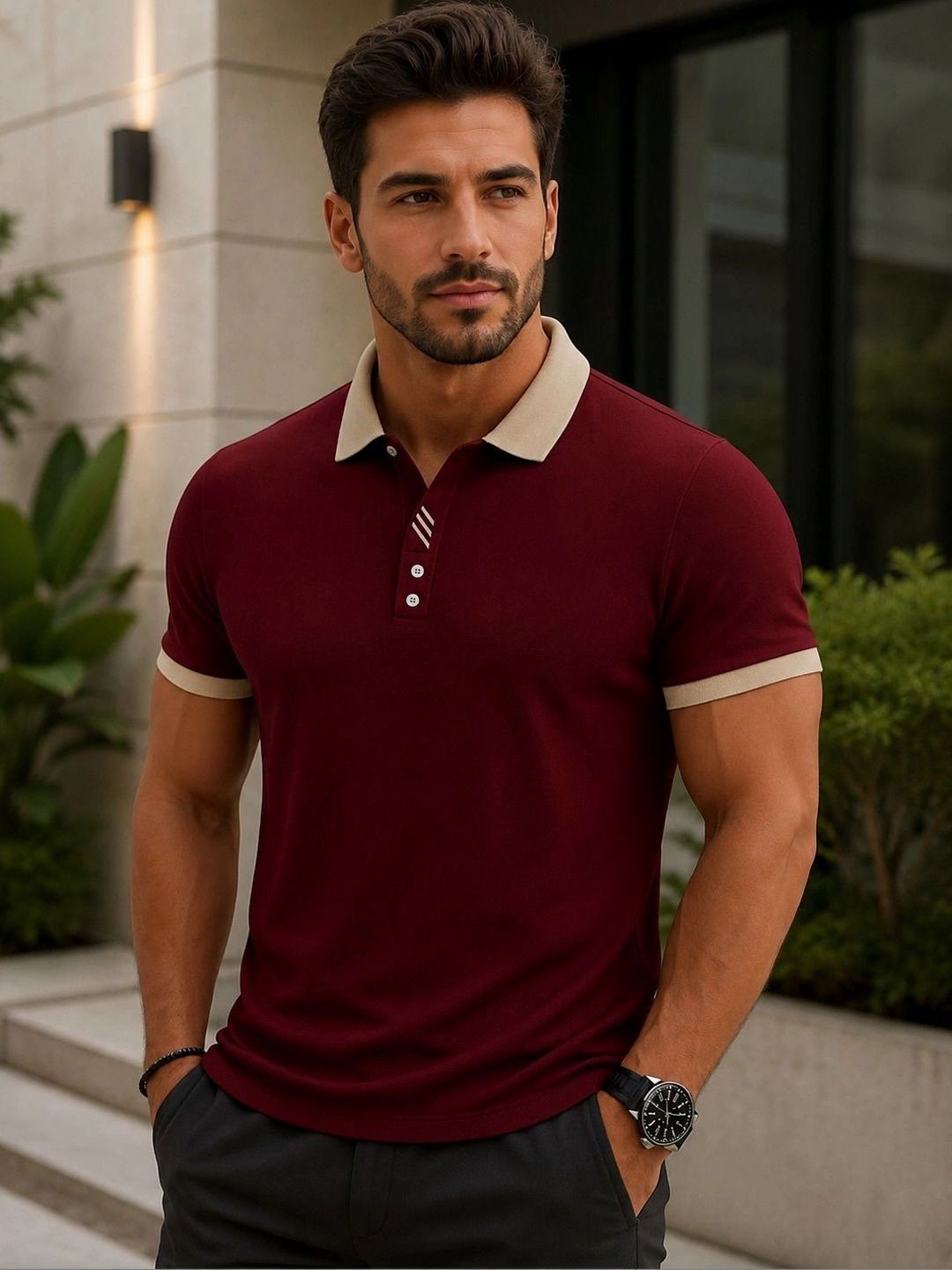 HERE&NOW Men Polo Collar Pockets T-shirt