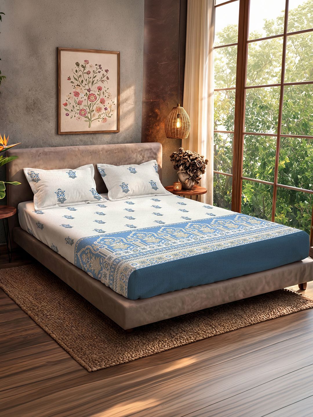URBAN SPACE URBAN SPACE Blue Floral 200 TC King Bedsheet with 2 Pillow Covers