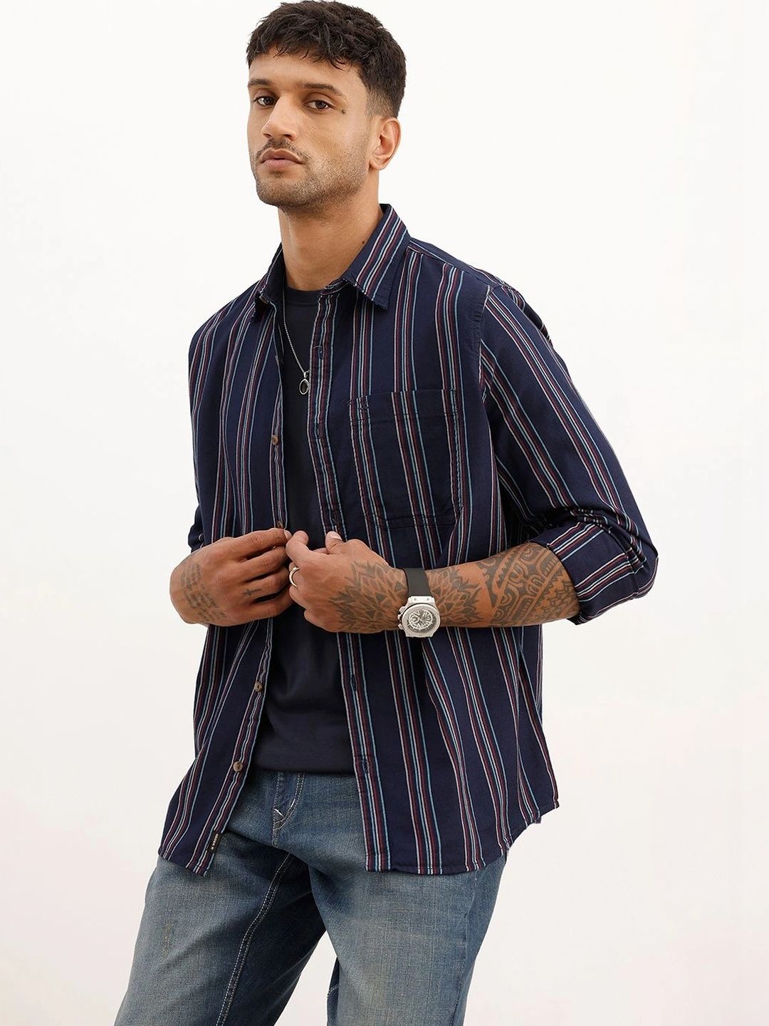WROGN Men Slim Fit Multi Stripes Striped Casual Shirt