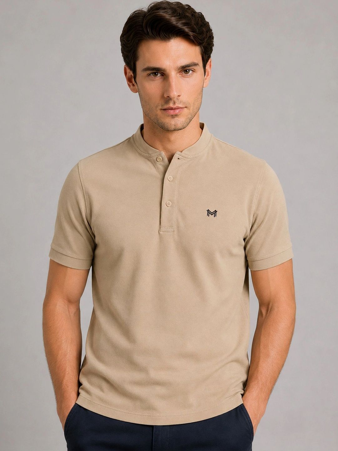 Monk Mode Men Brand Logo Mandarin Collar T-shirt