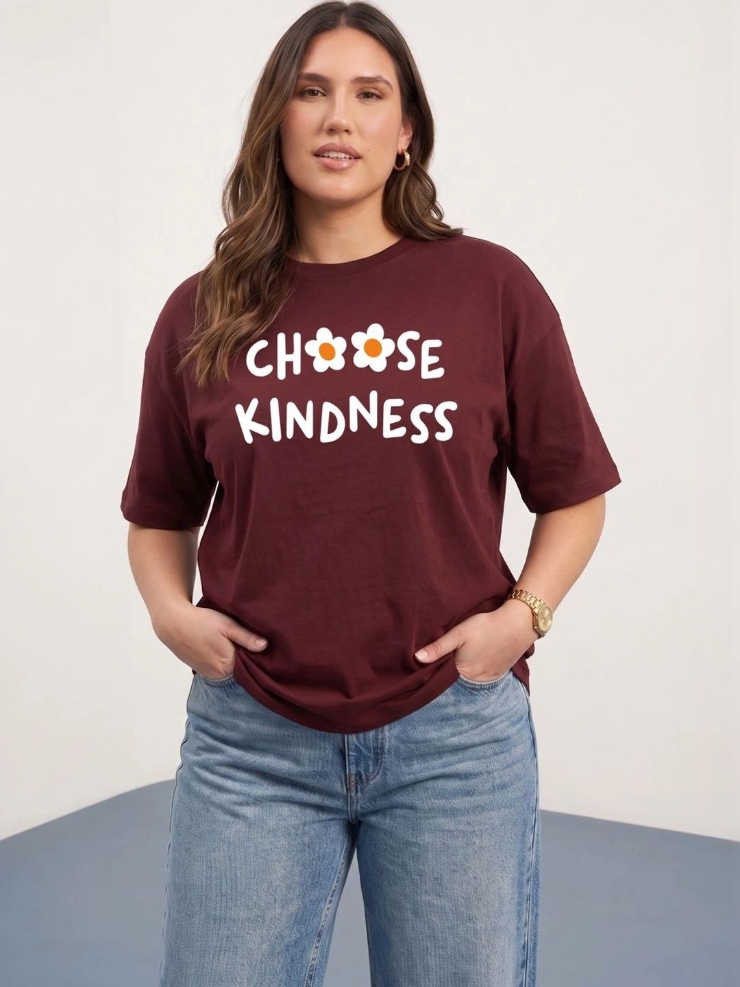Toodle Plus Plus Size Women Typography Printed Drop-Shoulder Sleeves T-shirt