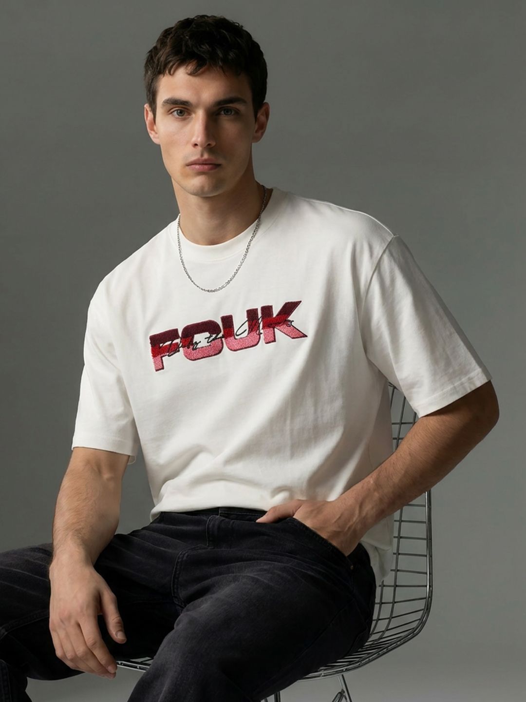 FCUK Brand Logo Embroidered Drop-Shoulder Sleeves Pure Cotton Relaxed Fit T-shirt