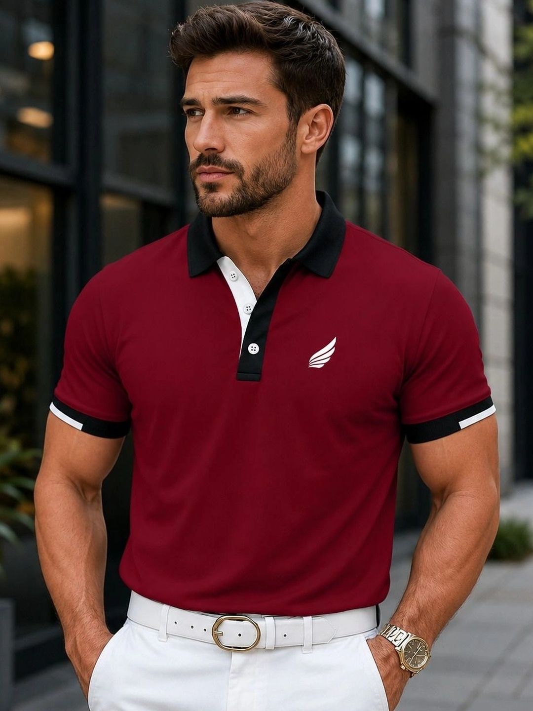 HERE&NOW Men Brand Logo Colourblocked Polo Collar T-shirt