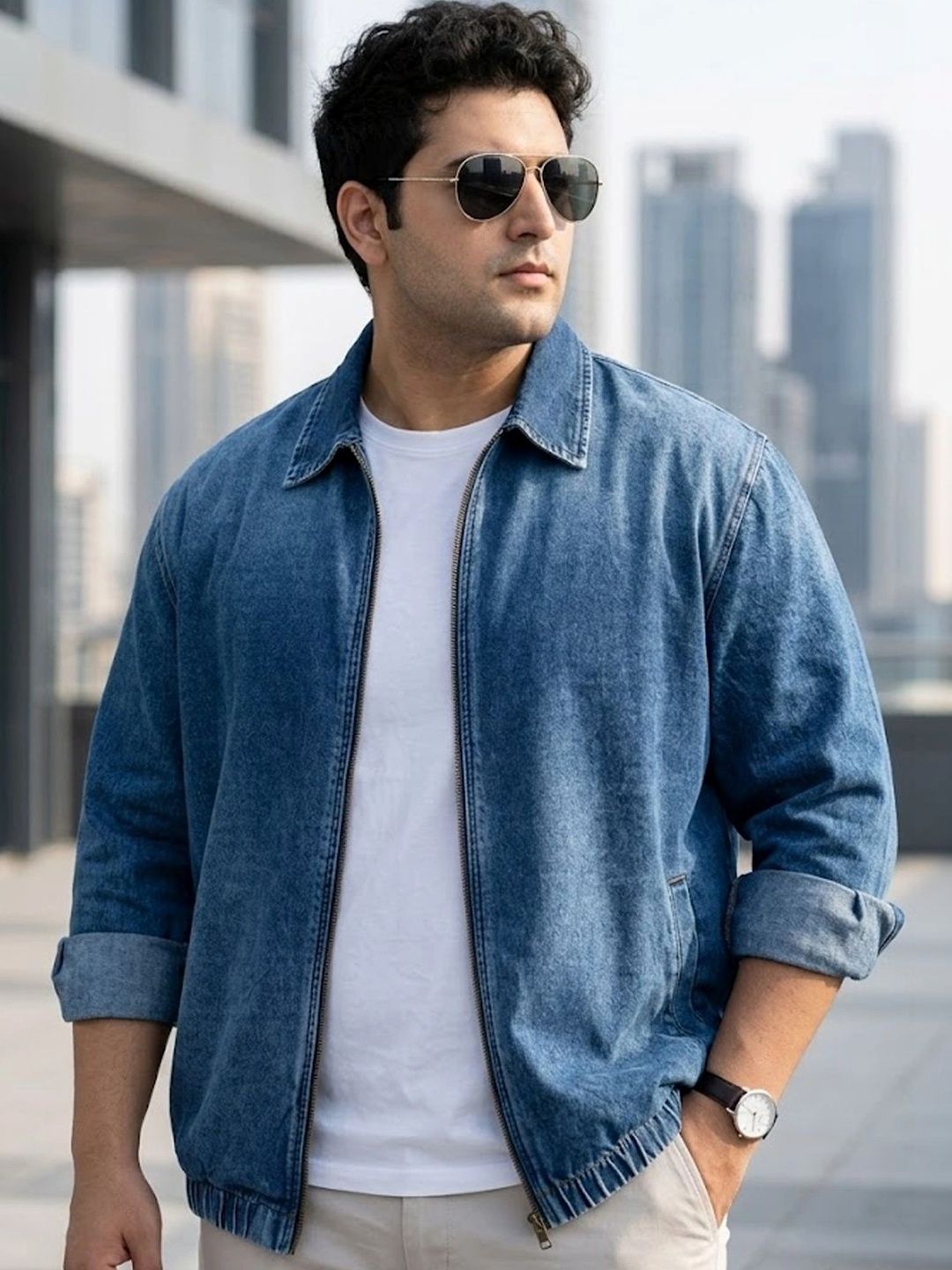Urbano Plus Men Plus Size Dark Blue Relaxed Fit Full Sleeve Harrington Denim Jacket